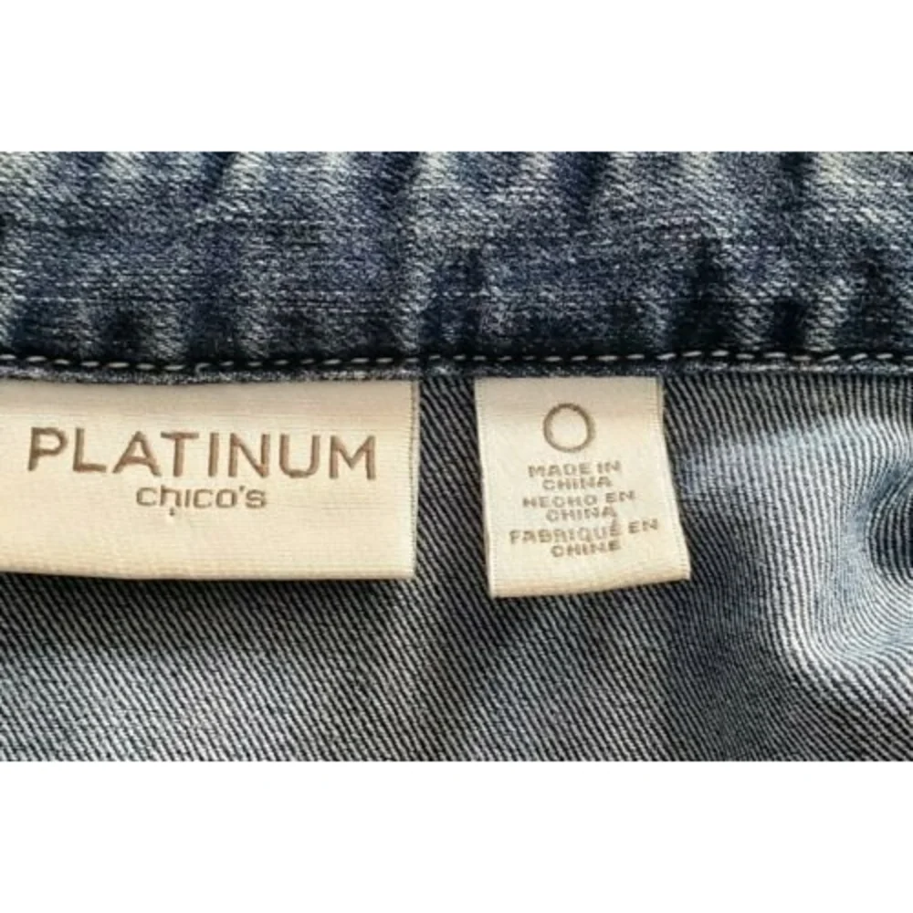 Platinum Chico's Blue Jean Jacket Women's Size 0 Embroidered Diamond Studs EUC